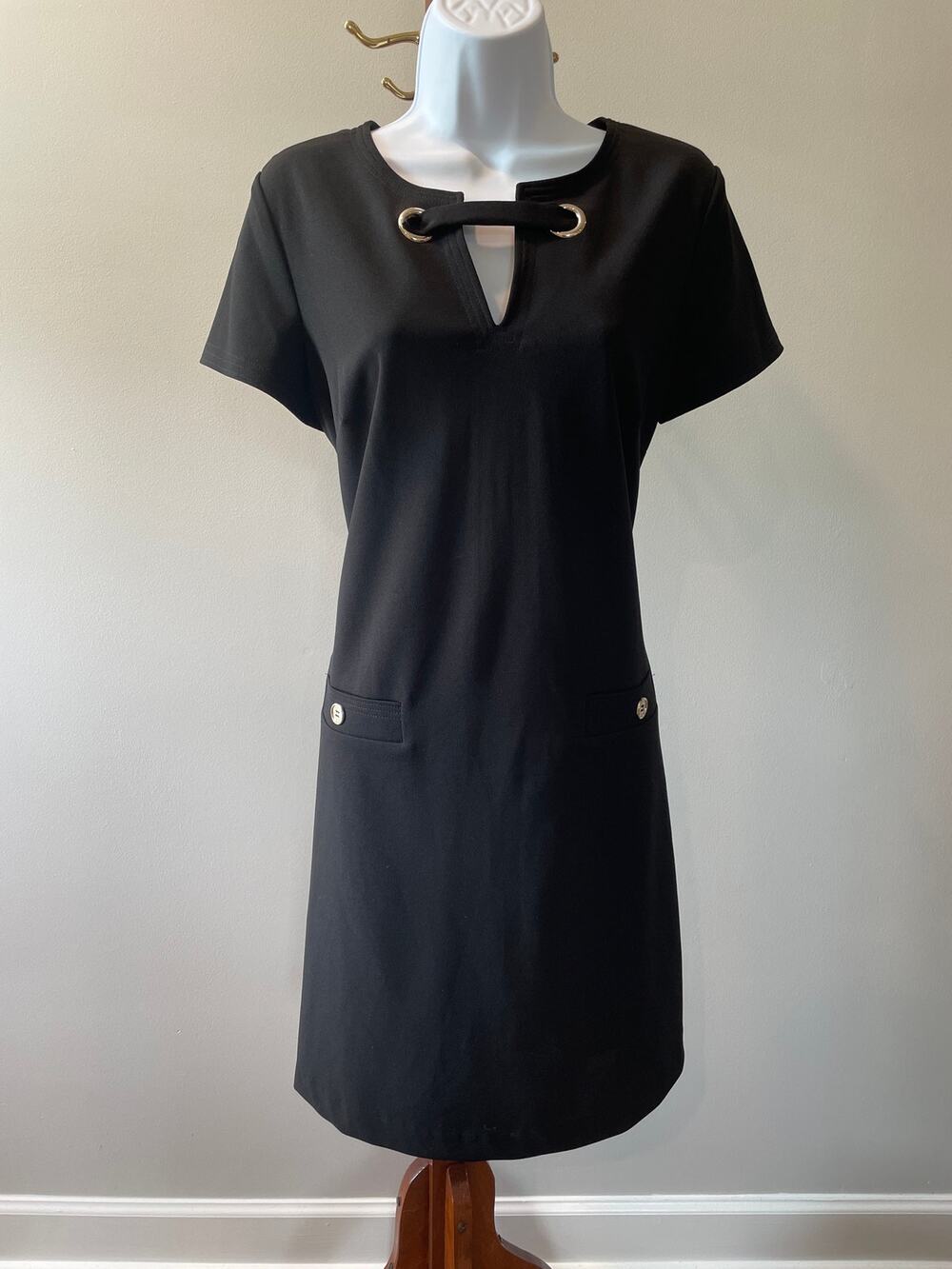 Tommy Hilfiger Sheath Dress Size 10 Black Short Sleeve Button Detail